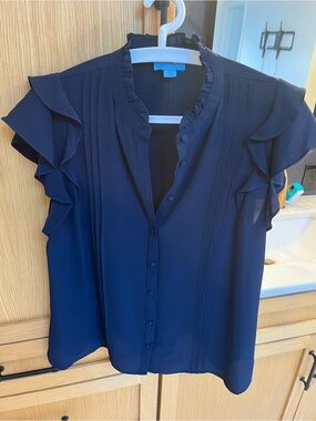 CeCe Navy Ruffle Sleeve Button-Front Blouse